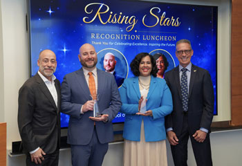 uci health president and ceo chad lefteris, left, and uci school of medicine dean dr. michael stamos, with Rising Star winners dr. ryan gibney and crystal glover, who are holding their awards