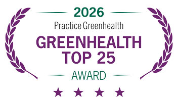 badge reading 2026 practice greenhealth top 25 award with four purple stars at the bottom and purple olive branches on either side
