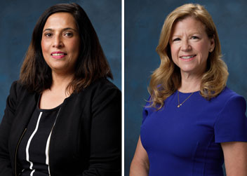 headshots of uci health chief medical information and AI officer dr deepti pandita and associate chief medical information officer dr tamera hatfield wearing professional attire in front of blue studio backgrounds