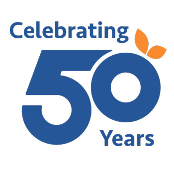 uci health logo with blue lettersfor its celebrating 50 years campaign with the o designed to look like an orange with orange leaves