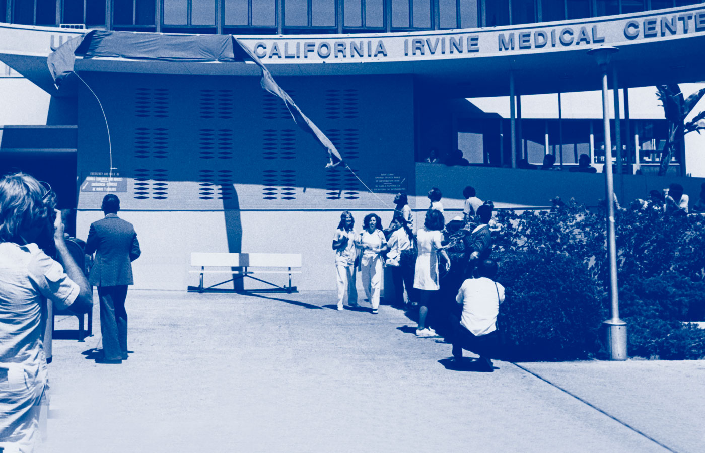 archive photo of the new tower hospital and the sign for uci medical center being unveiled on the campus now known as uci health orange