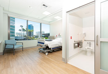 one of the patient rooms with a private window inside the new uci health — irvine rehabilitation hospital
