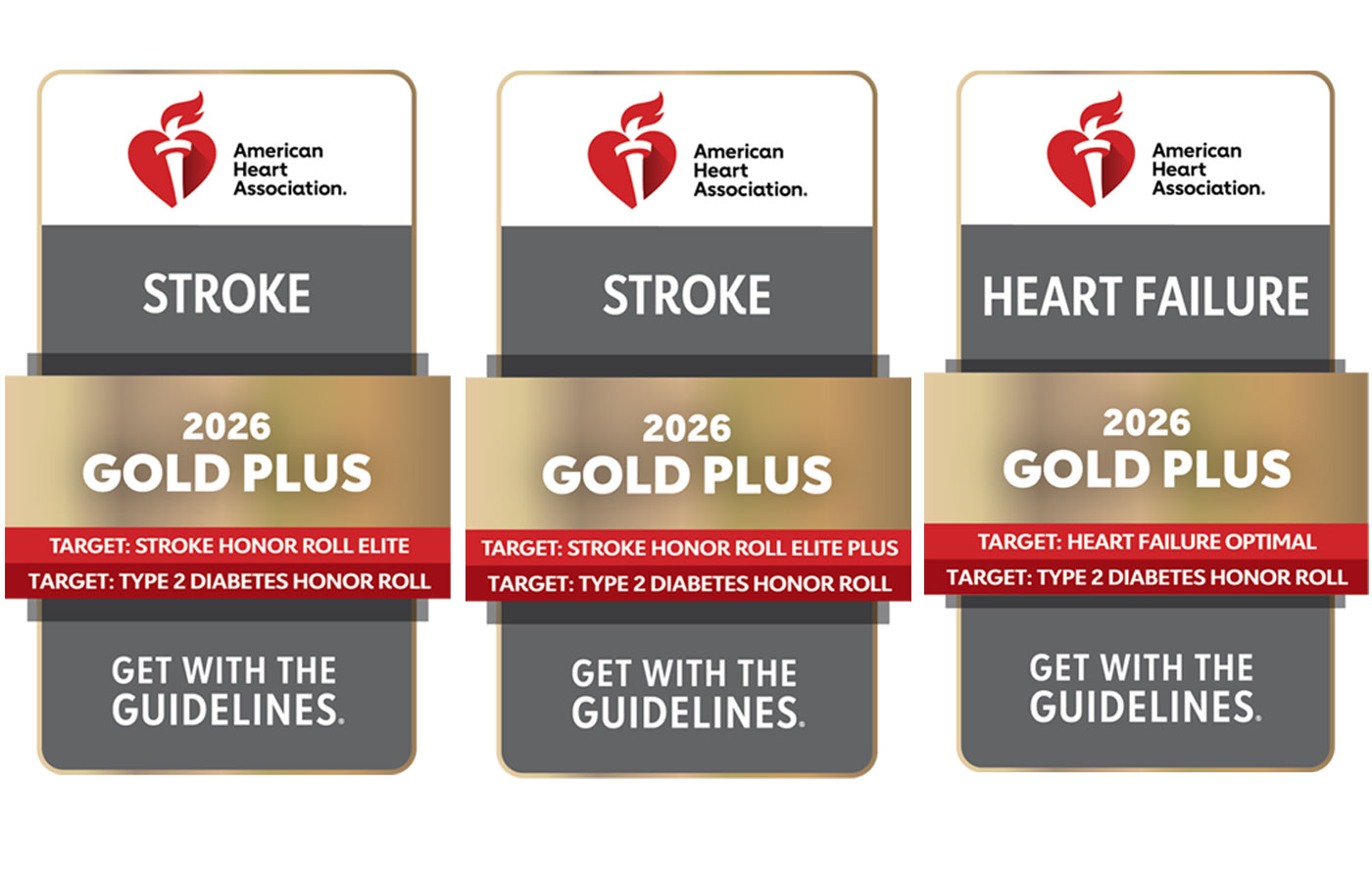 three american heart association get with the guidelines badges for stroke, heart failure for uci health hospitals