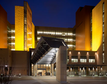 uci douglas hospital, part of uci health — orange, lit up at night