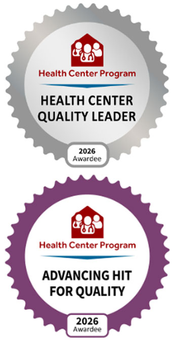 badges from the health resources and services administration for the uci health fqhcs for health quality leader and advancing HIT for quality