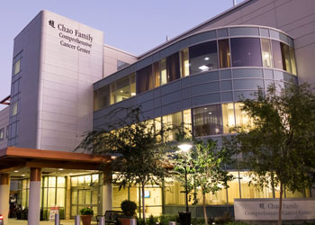 uci health chao family comprehensive cancer center exterior at dusk