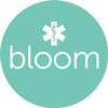logo for bloom tampa bay with white letters and caduceus - medical snake logo on blue green circle