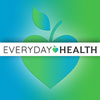 Everyday Health logo gray and black letters with green apple on background with larger apple and blue green colors