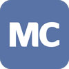 white mc letters on blue background
