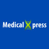 medical xpress word mark on electric blue background with green double helix