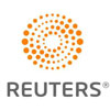 reuters news logo, black reuters letters below a circle made up of orange dots