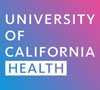 university of california health wordmark on blue and pink background