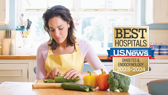 UCI Health is a US News & World Report Best Hospital for Diabetes & Endocrinology in 2023-2024, featuring a woman preparing healthy foods.