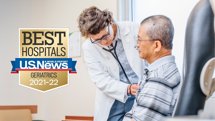 U.S. News & World Report Best Hospitals, 2021-22 National Ranking in Geriatrics Doctor using stethoscope to examine patient heart