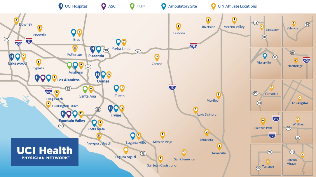 A map of Orange County displaying UCI Health affiliates