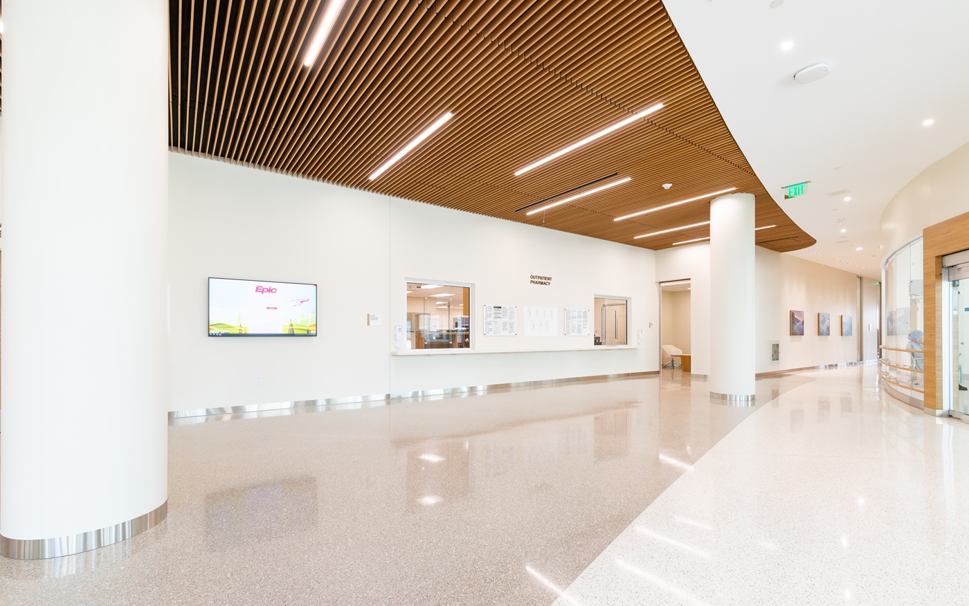 A walkway to the outpatient pharmacy at the UCI Health Chao Family Comprehensive Cancer Center and Ambulatory Care building in Irvine
