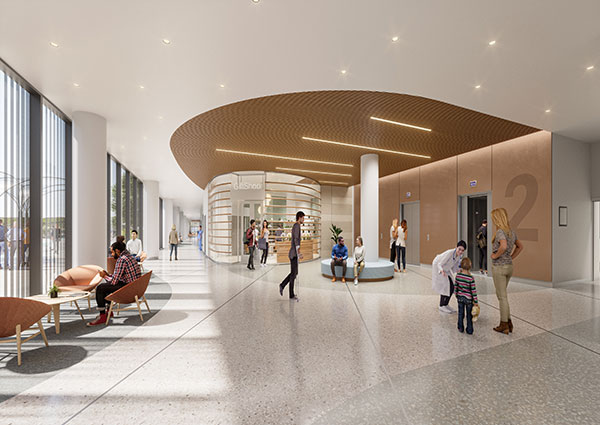 Architect rendering for UCI Health interior of new uci health irvine hospital with patients and staff walking around