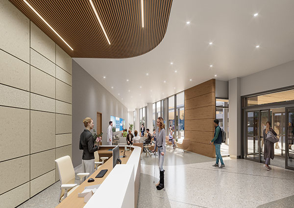 Architect rendering for UCI Health interior of new uci health irvine hospital front desk patients and staff walking around