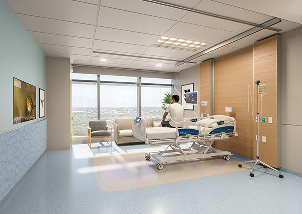 Architect rendering for UCI Health interior of new uci health irvine hospital patient room with person sitting