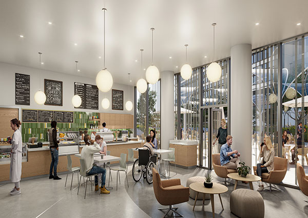 Architect rendering for UCI Health interior of new uci health irvine hospital cafe with customers