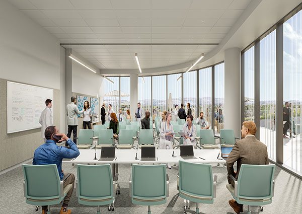 Architect rendering for UCI Health interior of new uci health irvine hospital conference room with staff seated and standing
