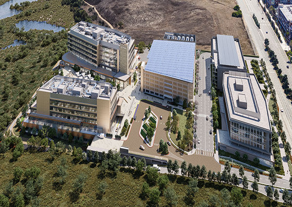 Architect rendering for UCI Health exterior overhead of new uci health irvine hospital