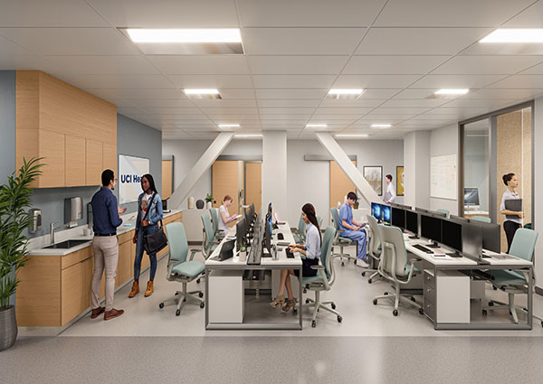 Architect rendering for UCI Health interior of new uci health irvine hospital staff break area with people sitting, chatting, standing