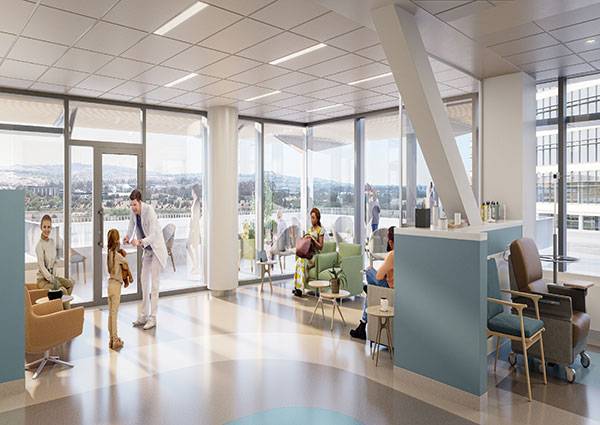 Architect rendering for UCI Health interior of new uci health irvine hospital patient area