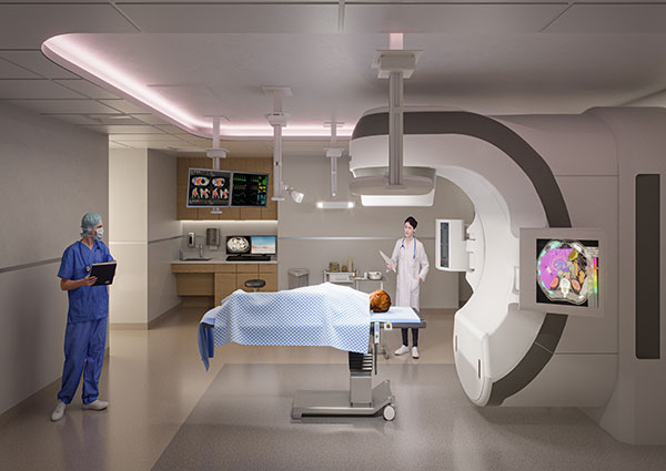 Architect rendering for UCI Health interior of new uci health irvine hospital radiation oncology room with patient on table, staff assisting