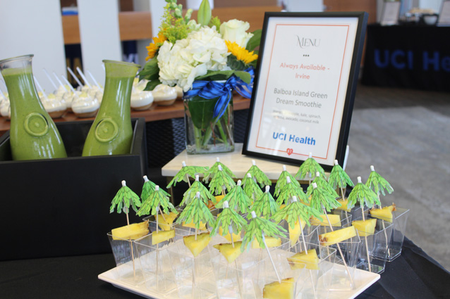 green smoothie and pineapple garnish on display at a menu tasting for UCI Health -- Irvine and UCI Medical Center in Orange