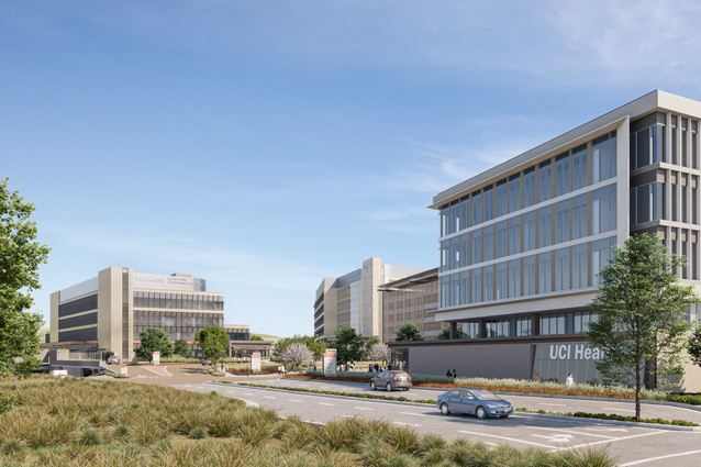 rendering of the buildings at uci health irvine. the nation's first all-electric acute care hospital