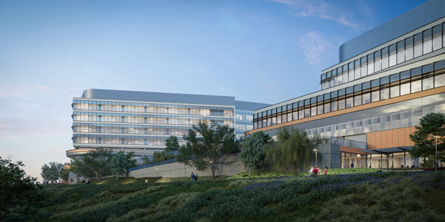 rendering of the buildings at uci health irvine. the nation's first all-electric acute care hospital