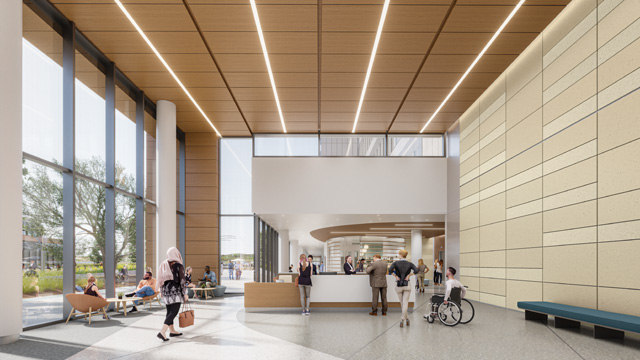 rendering of the lobby at uci health irvine. the nation's first all-electric acute care hospital