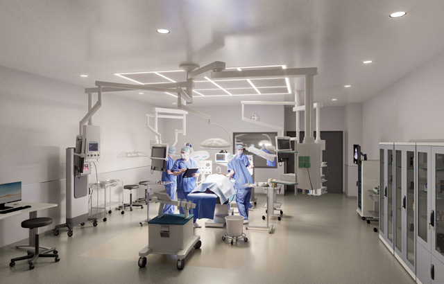 rendering of an operating room at uci health irvine. the nation's first all-electric acute care hospital