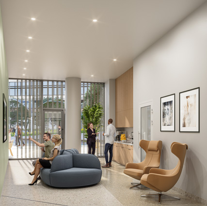 rendering of a waiting area at uci health irvine. the nation's first all-electric acute care hospital