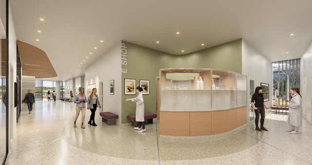 rendering of a waiting area at uci health irvine. the nation's first all-electric acute care hospital
