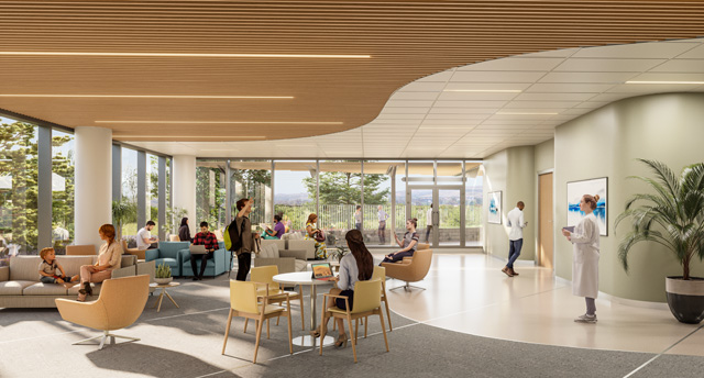 rendering of a waiting area at uci health irvine. the nation's first all-electric acute care hospital