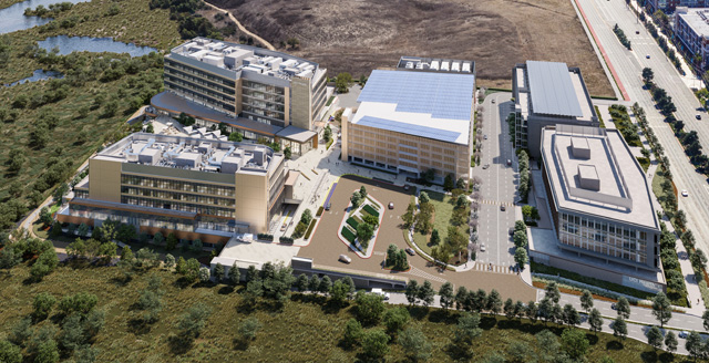 rendering of the buildings at uci health irvine. the nation's first all-electric acute care hospital