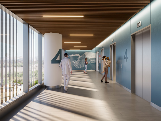 rendering of the 4th floor elevator lobby at uci health irvine. the nation's first all-electric acute care hospital