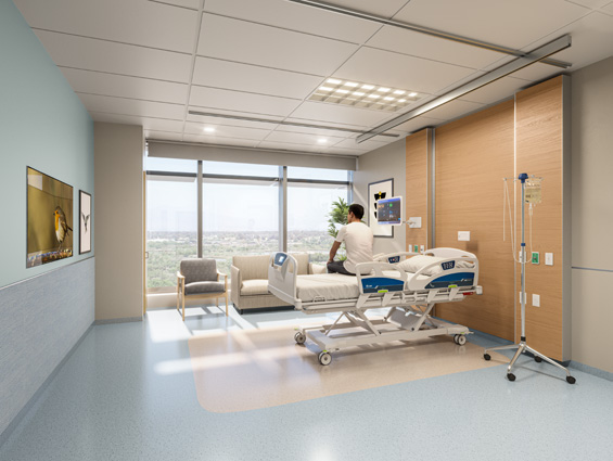 rendering of one of the beautiful, spacious patient rooms at uci health irvine. the nation's first all-electric acute care hospital