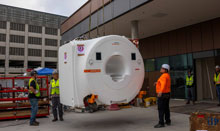 the new mri machine being delivered to uci health - irvine, the nation's first all-electric acute care hospital