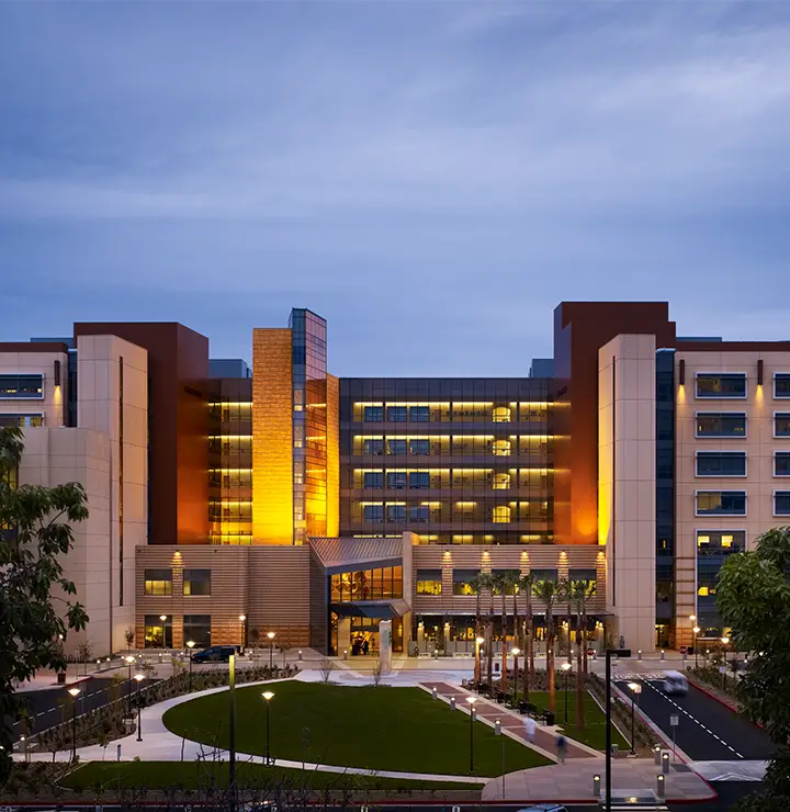 Douglas hospital glowing at dusk